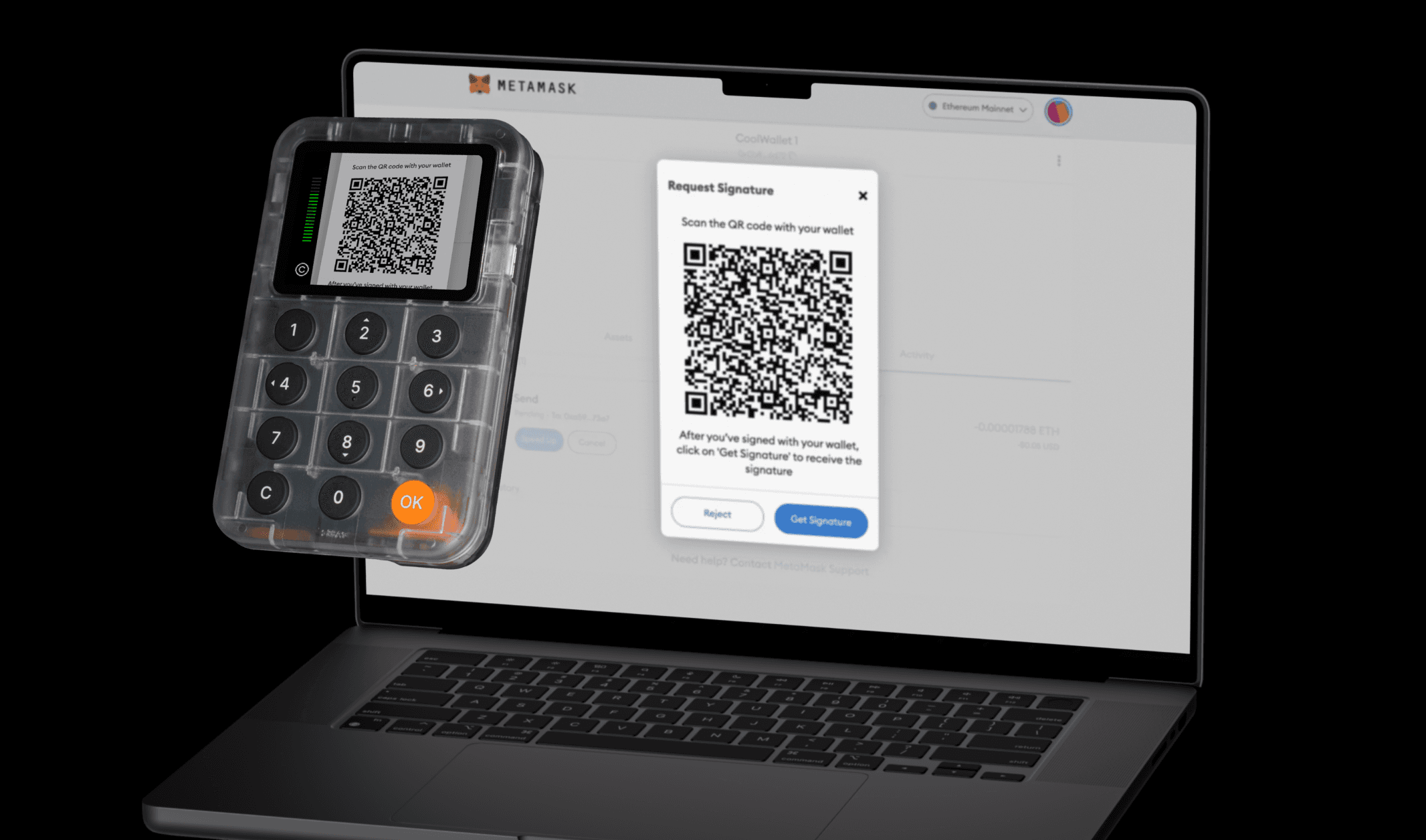 A header image showing a Keycard Shell scanning a QR code from a software wallet