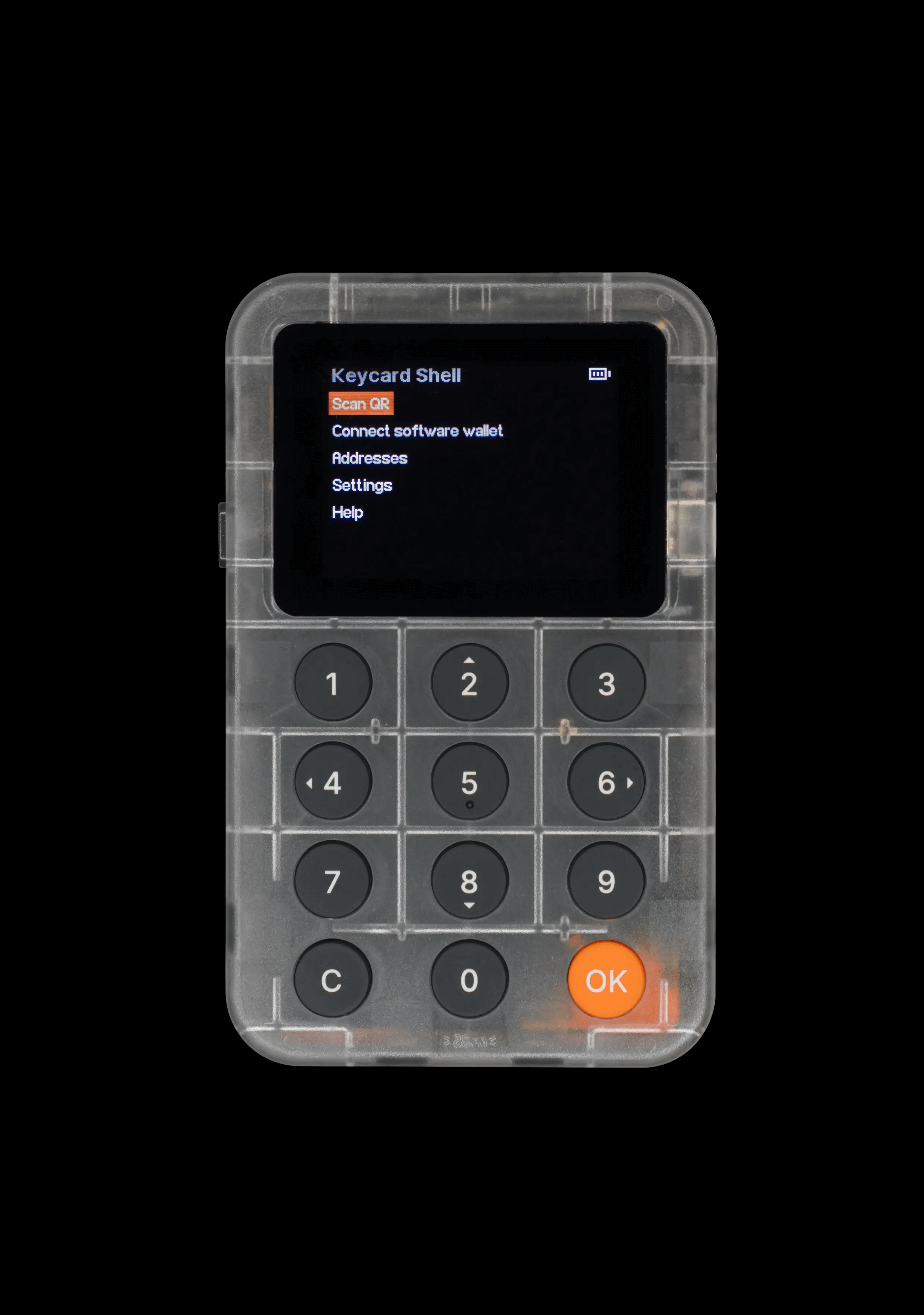 Translucent keypad with digital display on a black background