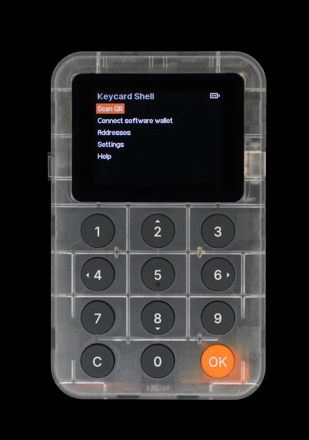 Translucent keypad with digital display on a black background