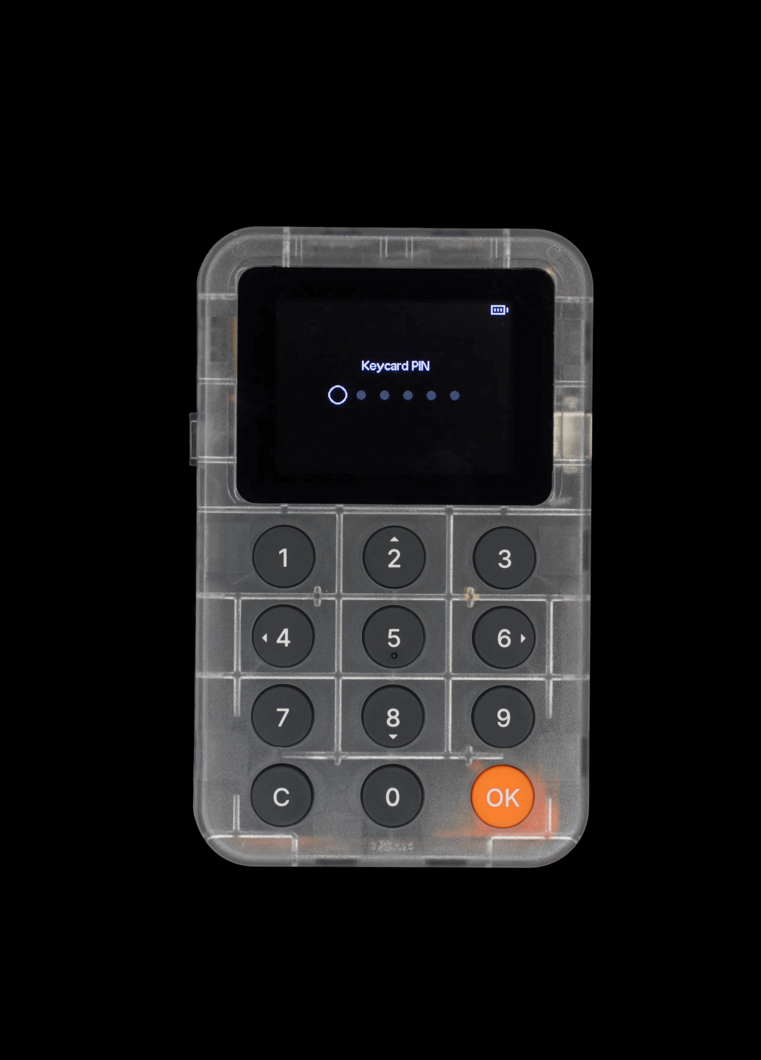 Translucent security device with keypad and screen on a black background
