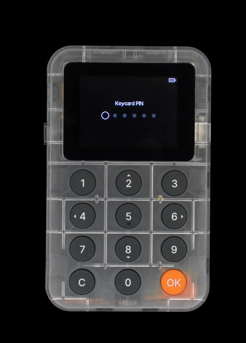 Translucent security device with keypad and screen on a black background