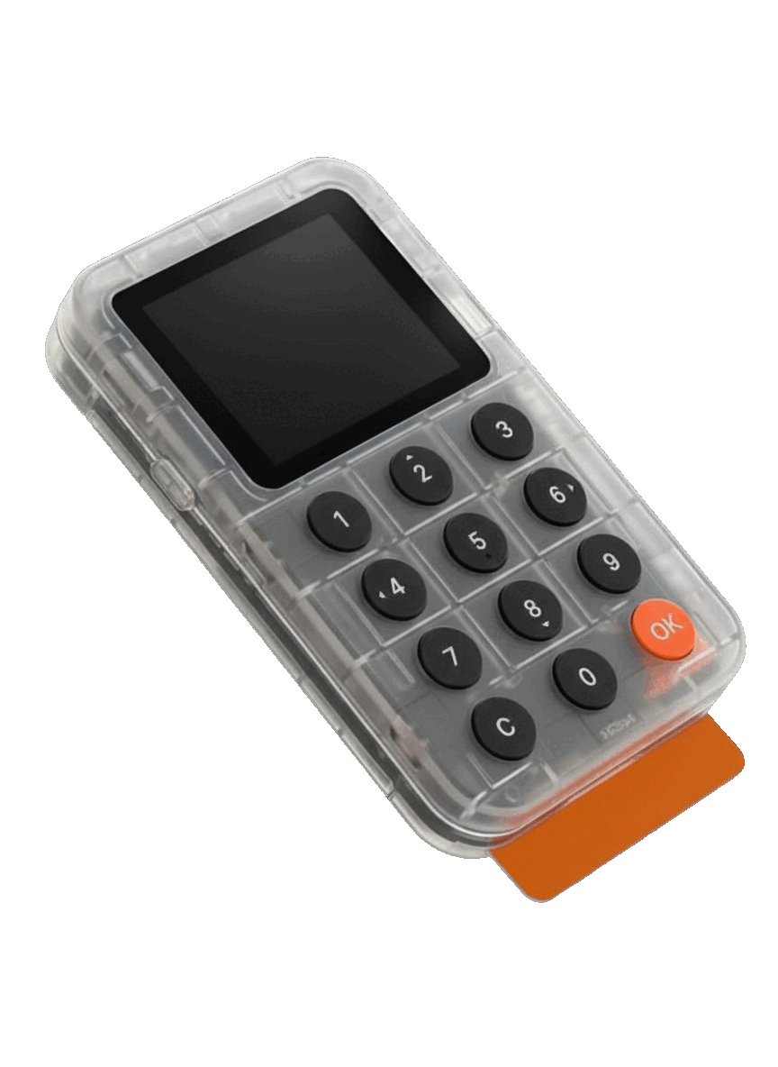 Small electronic device with a screen and keypad, with a orange card inside